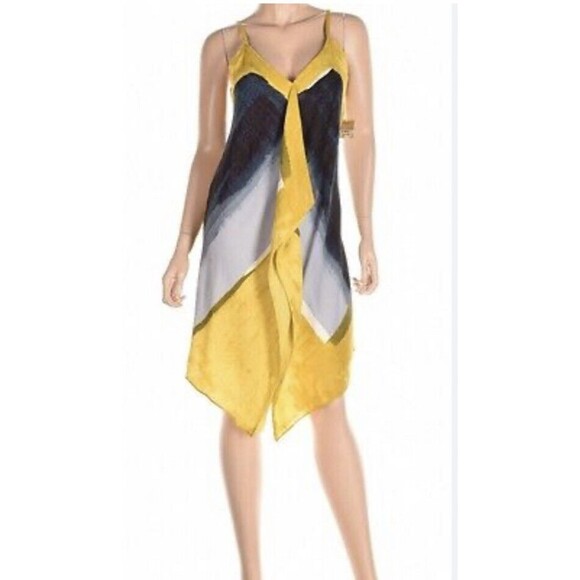RACHEL Rachel Roy Women Printed Draped Blue Yellow Asymmetrical Dress M - Picture 1 of 7